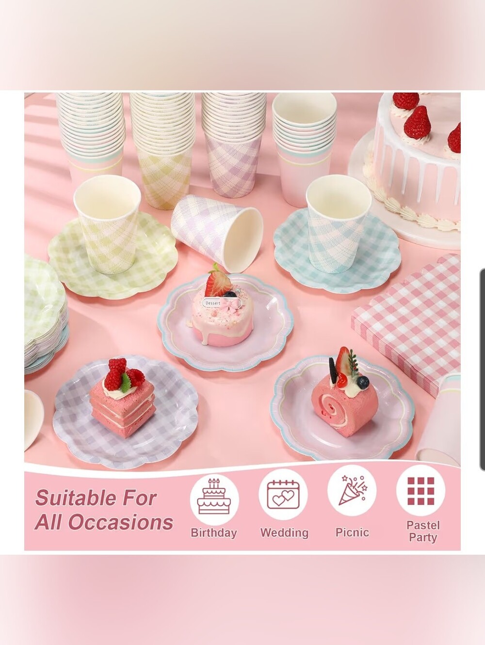 Pastel Gingham Party Paper Dessert Tableware Set - Pink, Blue, Yellow, Lavender - Picture 3 of 4